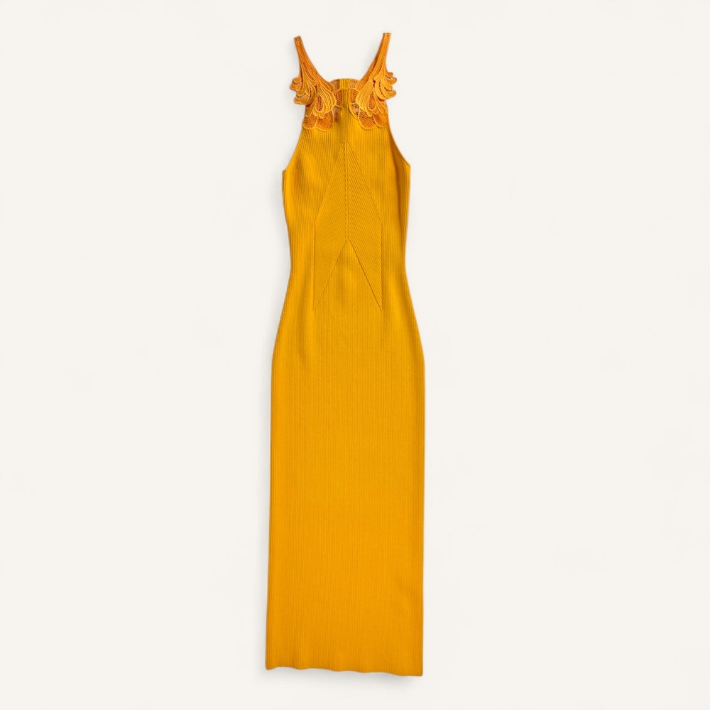 Self-Portrait Lace Insert Knit Midi Dress Yellow Size S NWT